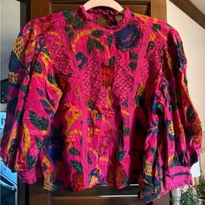 FARM Rio Hot Pink Multicolor Floral Lace-Trim Blouse